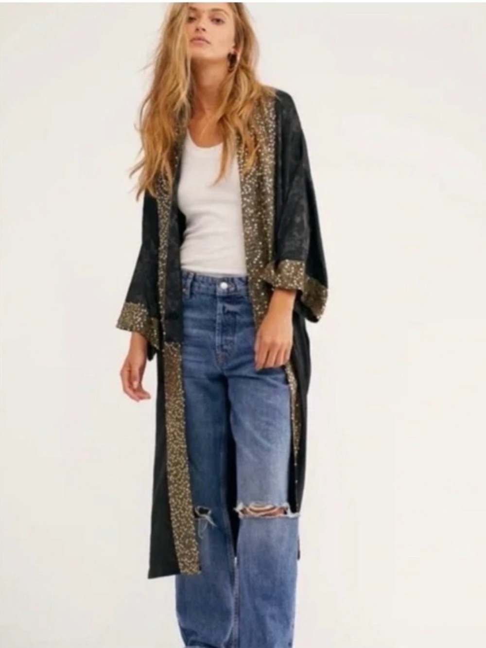 Free People Sequin Trim Kimono Duster - Black Floral Jacquard - One Size
